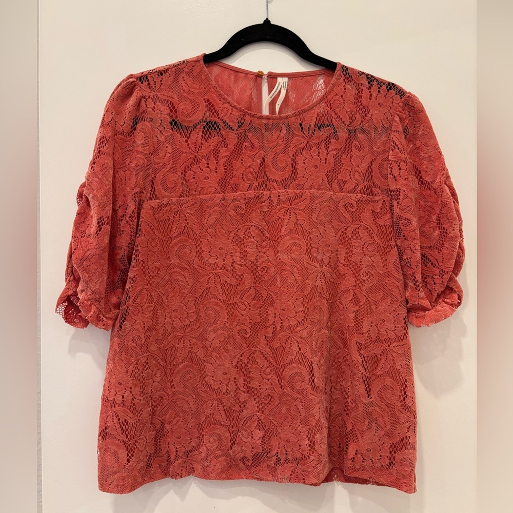 Anthropologie Lace Blouse ruched sleeves boho chic cottagecore preppy ruffle